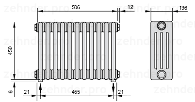 Схема (чертеж) Радиатор Zehnder Charleston 4045/11 №5310 Белый глянцевый RAL 9016